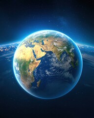 Stunning aerial view of Earth from space, showcasing continents, oceans, and the vibrant atmosphere in a breathtaking display.