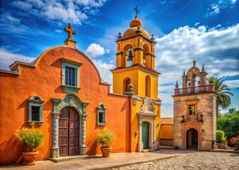 Vibrant stucco church with terracotta tiles and imposing bell tower stands alongside a colorful, adobe-style house with ornate ironwork in rural Mexico.
