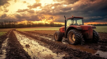 Obraz premium Tractor working on a muddy field after rain with dramatic clouds in the sky representing the rugged nature of farming