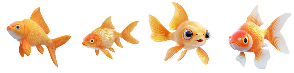 Colorful goldfish in various poses showcasing their beauty and charm, perfect for aquatic-themed projects and decorations.