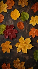 Autumn leaves on wooden surface. Gold, red and yellow seasonal fall maple leaves. Rustic wooden surface. Background, wallpaper, banner. Top view, room for copy space.