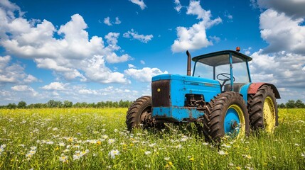 Fototapeta premium Old blue tractor resting in a meadow of wildflowers under a bright summer sky symbolizing the harmony between man and nature