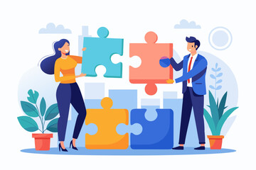 New joiner to fill in team and solve problem, teamwork to get solution, put right man in the right job to fit job description concept, businessman hand HR put new joiner to connect jigsaw puzzle. 
