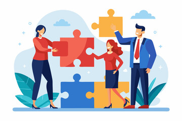 New joiner to fill in team and solve problem, teamwork to get solution, put right man in the right job to fit job description concept, businessman hand HR put new joiner to connect jigsaw puzzle. 
