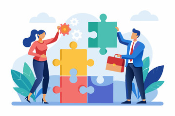 New joiner to fill in team and solve problem, teamwork to get solution, put right man in the right job to fit job description concept, businessman hand HR put new joiner to connect jigsaw puzzle. 
