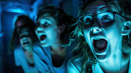 Teenage girls in a haunted house attraction, screaming and laughing as they encounter spooky surprises.