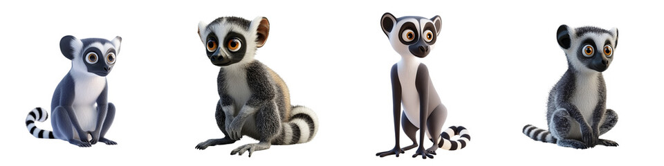 Fototapeta premium Four animated lemurs displaying unique poses and expressions, showcasing their playful and curious nature in a vibrant design.