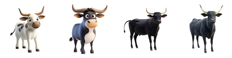 Naklejka premium Four cartoon cows showcasing different colors and expressions, perfect for animations or farm-themed projects.