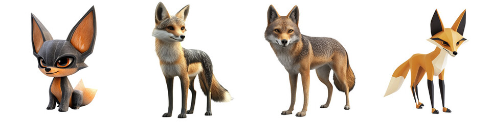 Fototapeta premium Four cartoon foxes with unique styles and expressions, perfect for children's illustrations and creative projects.