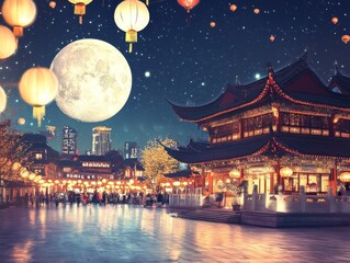 Fototapeta premium Zhongjie, mid-autumn festival, moon gingerbread, rin china, vector illustration