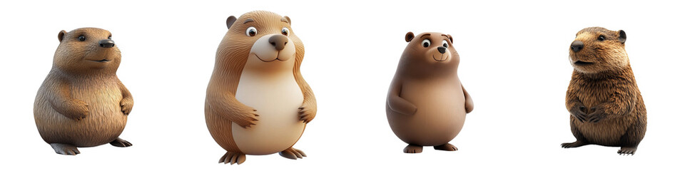 Naklejka premium Four cute cartoon marmots in various poses, perfect for children's illustrations or playful designs.