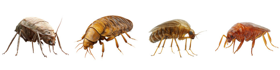 Four detailed illustrations of fleas showcasing their distinct colors and features, ideal for educational or scientific use.