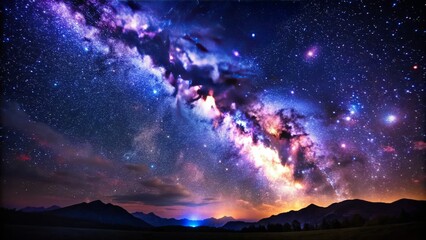 Celestial night sky with millions of twinkling stars shining brightly against a dark black background, with vibrant purple and blue hues radiating from the galaxy.