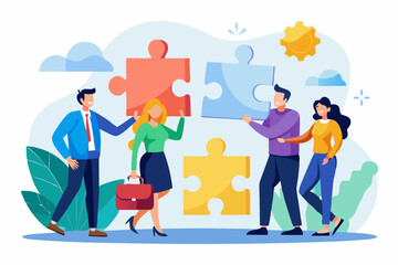 Partnership, teamwork or collaboration to success, solve jigsaw puzzle together, agreement or solution to win corporate trust, cooperation concept, businessman handshake connect jigsaw together.
