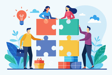 Partnership, teamwork or collaboration to success, solve jigsaw puzzle together, agreement or solution to win corporate trust, cooperation concept, businessman handshake connect jigsaw together.
