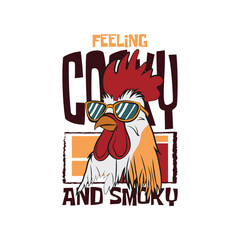 Cartoon of a cool moody rooster with sunglasses with a funny quote feeling cocky and smoky. Vector illustration for tshirt, website, clip art, poster and print on demand merchandise.