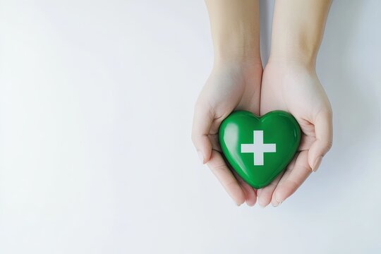 Hands holding a green heart with a white cross symbol on a white background.