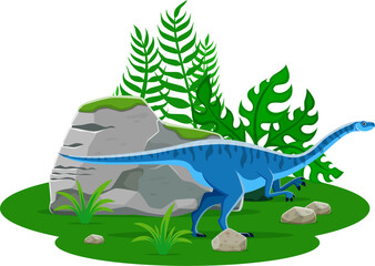 Lufengosaurus prehistoric dinosaur character. Isolated cartoon vector Genus of early sauropodomorph dino from the early jurassic era. Herbivore reptile with long neck, stand near large ferns and rocks