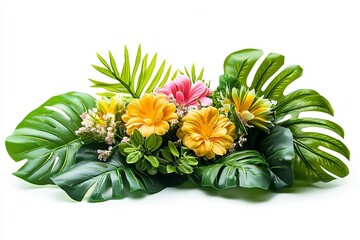 A vibrant floral arrangement with yellow and pink flowers surrounded by lush green leaves, isolated on a white background.