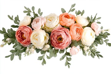 A beautiful arrangement of pink, white and peach flowers with green leaves.