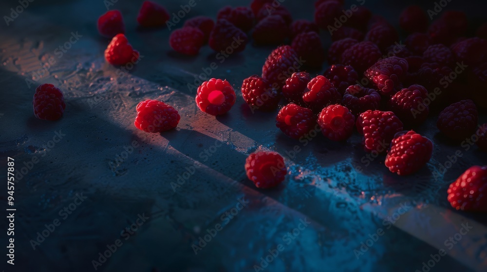 Wall mural Vibrant red raspberries are scattered on a dark surface, accented by slanting rays of light, highlighting their fresh texture and rich color.