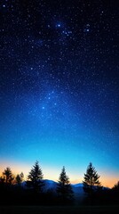 Fototapeta premium A breathtaking night sky filled with stars above silhouetted trees and a glowing horizon.