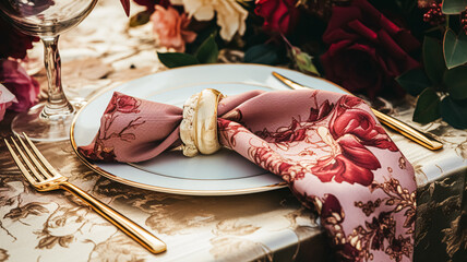 Wedding and event celebration tablescape with flowers, formal dinner table setting with roses and wine, elegant floral table decor for dinner party and holiday decoration, home styling idea