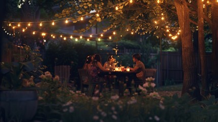 A backyard evening gathering under string lights creates a cozy outdoor ambiance, with people enjoying food and conversation amidst a beautifully lit garden.