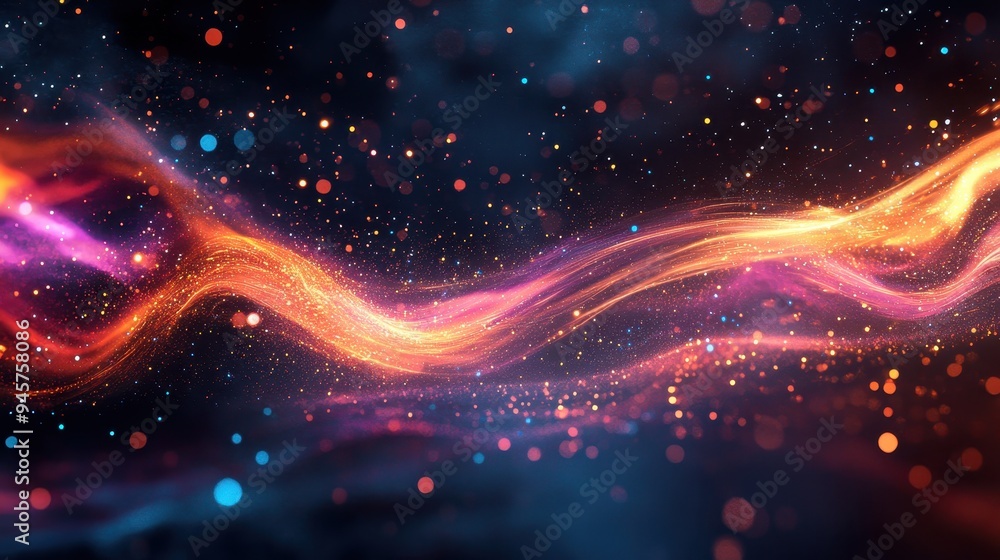Poster abstract background with golden and red light streaks, bokeh and sparkle effect