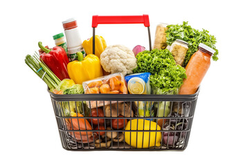 Food and groceries in shopping basket, isolated on a transparent background