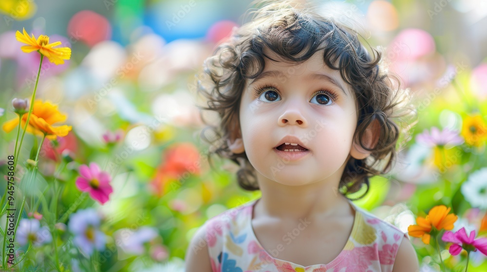 Poster a young child admires the flowers in a bright garden, surrounded by an array of colorful petals unde