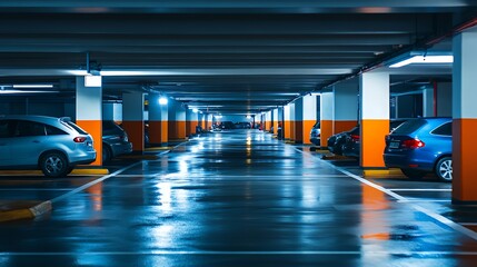 A dimly lit underground parking garage with wet floors reflecting light.