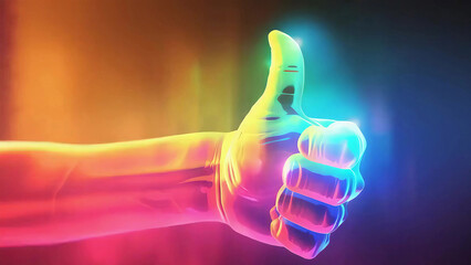 Neon colored artistic thumbs-up hand symbol with glowing thumb gesture in vibrant gradient colors, abstract futuristic design new stock image illustration AI