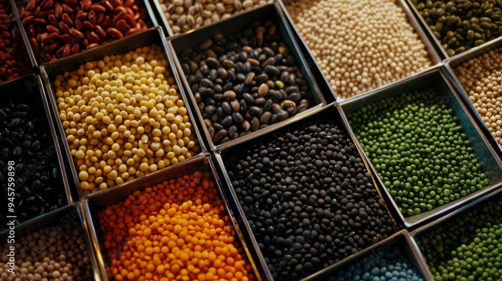 Wall mural An overhead view of assorted colorful legumes in neatly arranged square containers, showcasing the diversity and texture of these natural foods.