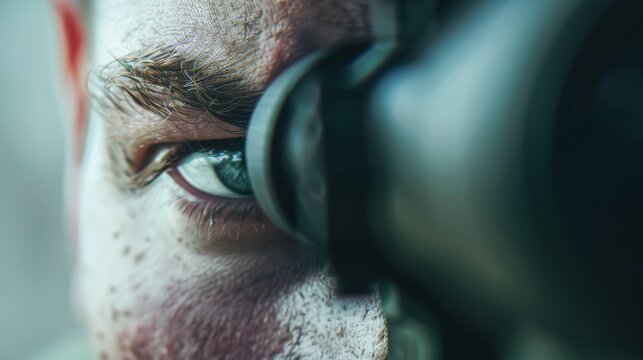 A close-up shot of an eye peering through the lens of a camera, capturing intense focus and determination, with intricate details of the skin and eyelashes.