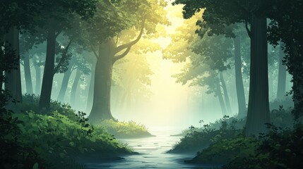Fototapeta premium Mystical Forest Path with Sunrays and Stream.