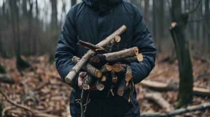 Fototapeta premium A person bundled in a dark jacket holding an armful of firewood in a dense forest during fall.