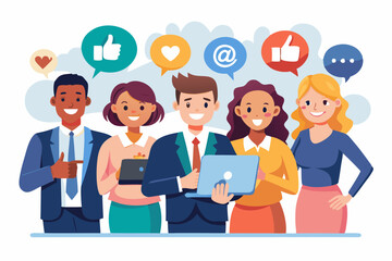 Social media team, community management or online advertising, manage social network or communication concept, business people social media team holding thumb up, love, speech bubble and smile sign.
