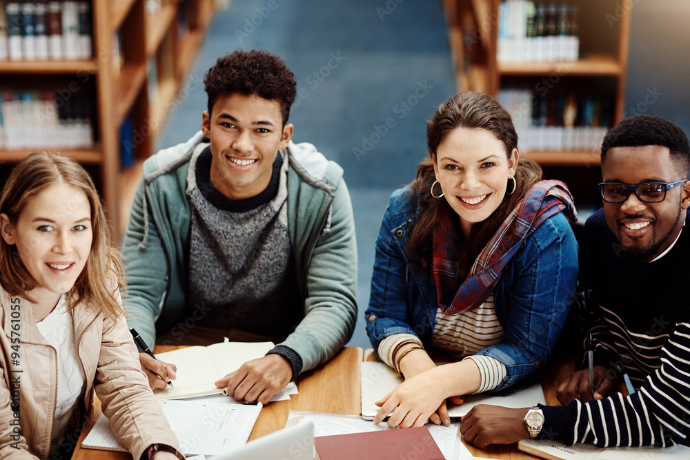 Poster portrait, exam and group in library, education and proud of scholarship for college and learning. st