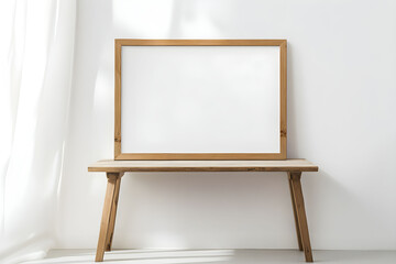 A minimalistic wooden frame for wall art mock up placed on a light-colored table against a white wall.