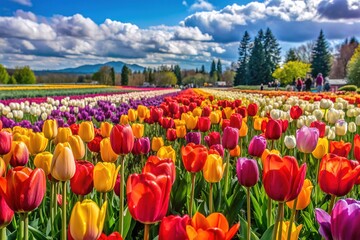 Vibrant tulips in every color of the rainbow bloom in unison, filling the scenic grounds of a popular Washington state festival on a sunny spring day.