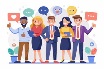 Social media team, community management or online advertising, manage social network or communication concept, business people social media team holding thumb up, love, speech bubble and smile sign.
