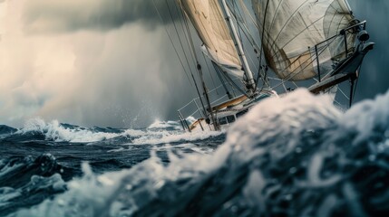 Obraz premium A sailboat bravely cutting through rough ocean waves during a storm, with dramatic lighting and turbulent skies, portraying adventure and resilience.