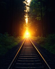 Naklejka premium A serene view of railway tracks leading into a vibrant sunset, surrounded by tall trees, symbolizing journey and discovery.