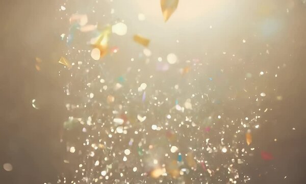 A festive scene with confetti being fired from a cannon, pieces of which hang in the air and then fall slowly and elegantly.