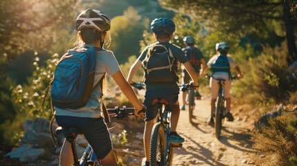 A family biking together on a sunlit forest path, creating memories on a joyful and active day out.