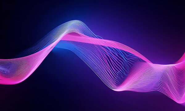 Animate abstract waves of pink and blue neon lines that intersect and create dynamic shapes as they rise and fade into darkness.
