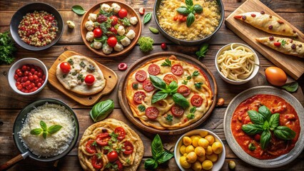 Fototapeta premium Colorful array of traditional Italian dishes, including pasta, pizza, and risotto, arranged on a rustic wooden table with a worn stone border.