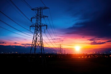 A stunning sunset illuminates power lines against a colorful sky, showcasing the beauty of technology in harmony with nature.