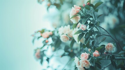 Delicate pink roses blooming against a soft, teal background, creating a sense of gentle romance and tranquility.